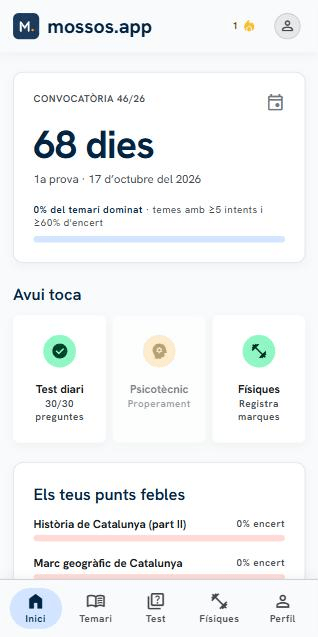 Pantalla d'inici real de mossos.app amb el compte enrere de la convocatòria 46/26, el pla del dia i els punts febles