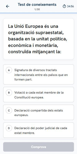 Pantalla real del test: pregunta d'examen oficial amb quatre opcions i cronòmetre de 35 minuts